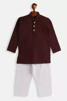 Infant  Garnet Maroon And White Pure Cotton Kurta Pyjama Set