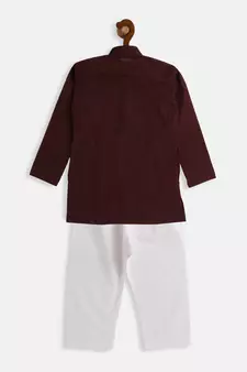 Infant  Garnet Maroon And White Pure Cotton Kurta Pyjama Set