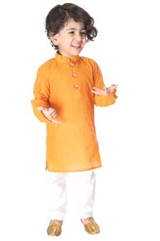 Infant Boys Yellow And White Pure Cotton Kurta Pyjama Set
