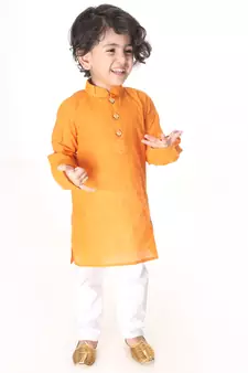 Infant  Yellow And White Pure Cotton Kurta Pyjama Set