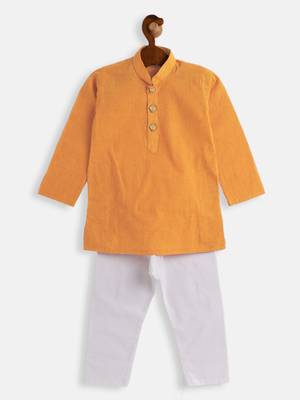 Infant  Yellow And White Pure Cotton Kurta Pyjama Set 3