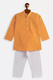 Infant  Yellow And White Pure Cotton Kurta Pyjama Set