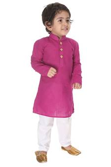 Infant Boys Purple And White Pure Cotton Kurta Pyjama Set