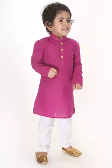 Infant  Purple And White Pure Cotton Kurta Pyjama Set