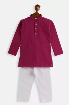 Infant  Purple And White Pure Cotton Kurta Pyjama Set