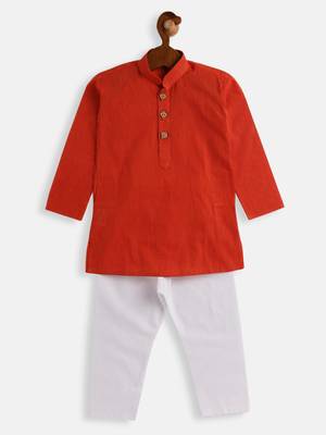 Infant  Red And White Pure Cotton Kurta Pyjama Set 3