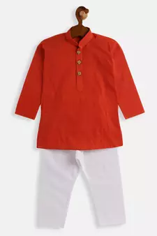 Infant  Red And White Pure Cotton Kurta Pyjama Set