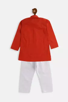 Infant  Red And White Pure Cotton Kurta Pyjama Set