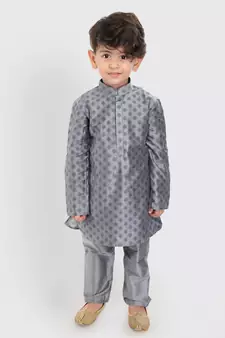 Infant  Grey Cotton Blend Kurta Pyjama Set