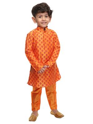 Infant  Orange Cotton Blend Kurta Pyjama Set 1