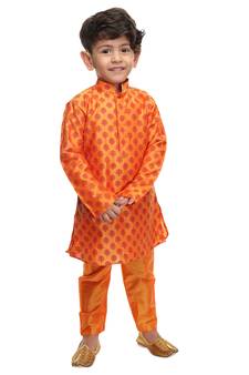 Infant Boys Orange Cotton Blend Kurta Pyjama Set