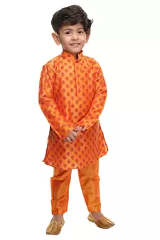 Infant Boys Orange Cotton Blend Kurta Pyjama Set