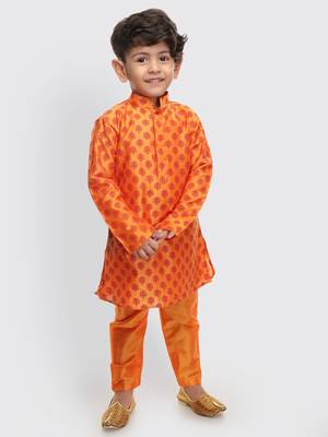Infant  Orange Cotton Blend Kurta Pyjama Set 2