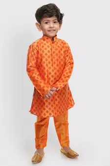 Infant  Orange Cotton Blend Kurta Pyjama Set