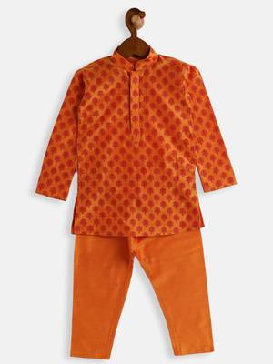 Infant  Orange Cotton Blend Kurta Pyjama Set 3