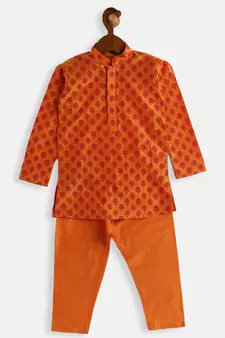 Infant  Orange Cotton Blend Kurta Pyjama Set