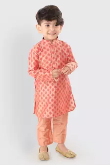Infant Boys Pink Cotton Blend Kurta Pyjama Set