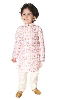 Infant Boys Multicolor-Base-White Cotton Blend Kurta Pyjama Set