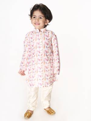 Infant  Multicolor-Base-White Cotton Blend Kurta Pyjama Set 2