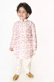 Infant  Multicolor-Base-White Cotton Blend Kurta Pyjama Set