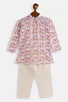 Infant  Multicolor-Base-White Cotton Blend Kurta Pyjama Set