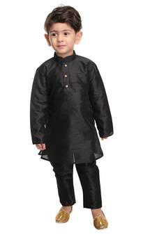 Infant Boys Black Silk Blend Kurta Pyjama Set