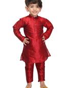 Infant Boys Maroon Silk Blend Kurta Pyjama Set