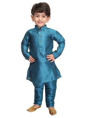 Infant  Turquoise Silk Blend Kurta Pyjama Set 1