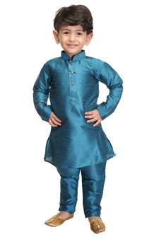 Infant Boys Turquoise Silk Blend Kurta Pyjama Set