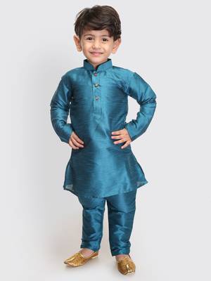 Infant  Turquoise Silk Blend Kurta Pyjama Set 2