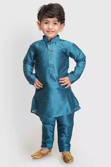 Infant  Turquoise Silk Blend Kurta Pyjama Set