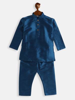 Infant  Turquoise Silk Blend Kurta Pyjama Set 3