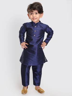 Infant  Navy Blue Silk Blend Kurta Pyjama Set 2
