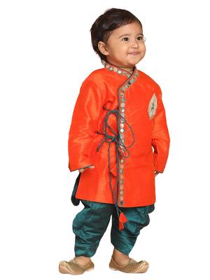 Infant  Orange And Bottle Green Silk Blend Kurta And Dhoti Set 1