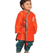 Infant Boys Orange And Bottle Green Silk Blend Kurta And Dhoti Set