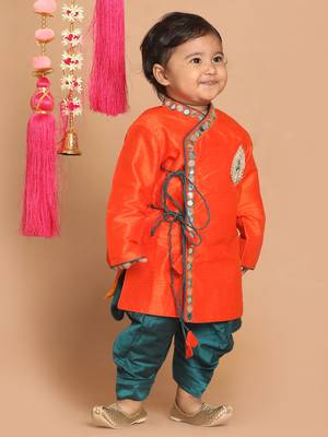 Infant  Orange And Bottle Green Silk Blend Kurta And Dhoti Set 2