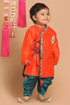 Infant  Orange And Bottle Green Silk Blend Kurta And Dhoti Set