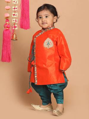 Infant  Orange And Bottle Green Silk Blend Kurta And Dhoti Set 3