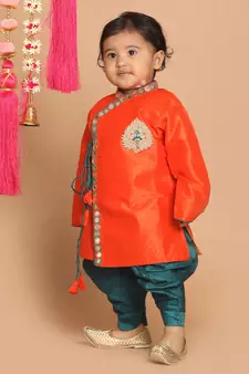 Infant  Orange And Bottle Green Silk Blend Kurta And Dhoti Set