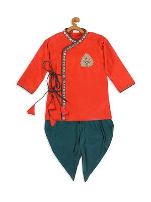 Infant  Orange And Bottle Green Silk Blend Kurta And Dhoti Set 4