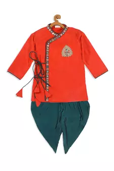 Infant  Orange And Bottle Green Silk Blend Kurta And Dhoti Set