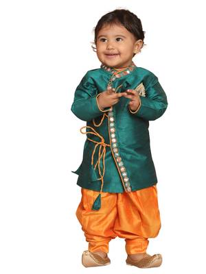 Infant Boys Bottle Green Silk Blend Kurta And Dhoti Set 1