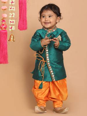 Infant Boys Bottle Green Silk Blend Kurta And Dhoti Set 2