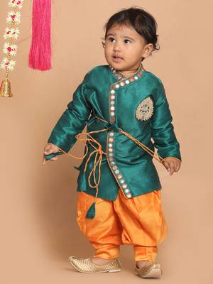 Infant Boys Bottle Green Silk Blend Kurta And Dhoti Set 3