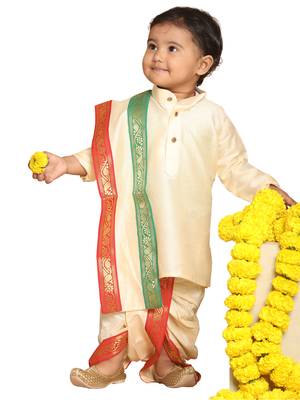 Infant  Gold Cotton Blend Kurta Dhoti And Dupatta 2