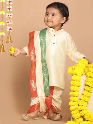 Infant  Gold Cotton Blend Kurta Dhoti And Dupatta 1