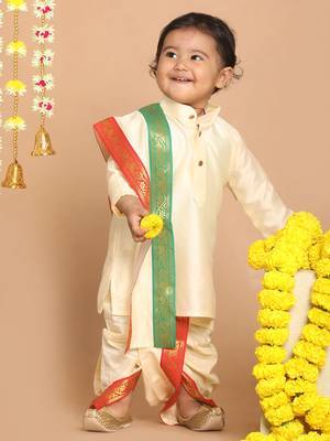 Infant  Gold Cotton Blend Kurta Dhoti And Dupatta 3