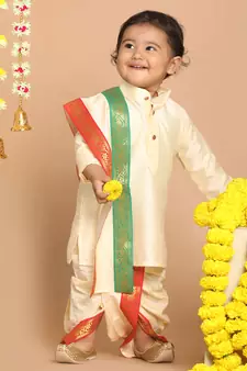 Infant  Gold Cotton Blend Kurta Dhoti And Dupatta