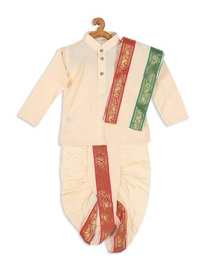 Infant  Gold Cotton Blend Kurta Dhoti And Dupatta 4