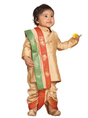 Infant  Rose Gold Cotton Blend Kurta Dhoti And Dupatta 1